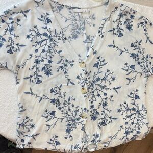 LUQ White Button-Front Floral Top with Blue Print